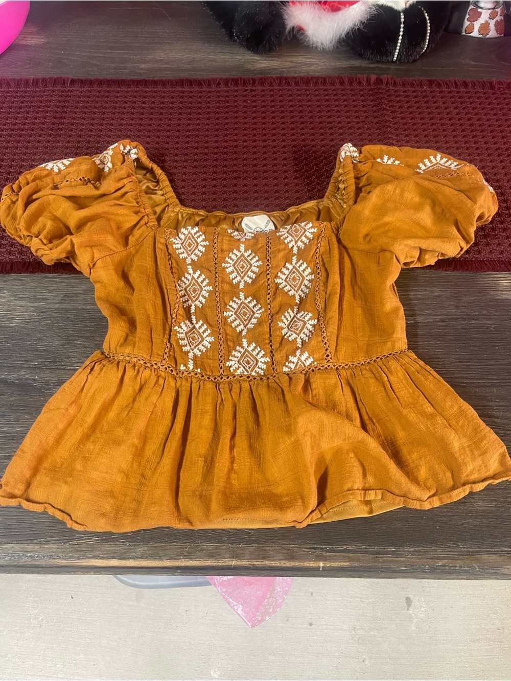 Boho Off-Shoulder Peplum Top in Rust with Embroidery